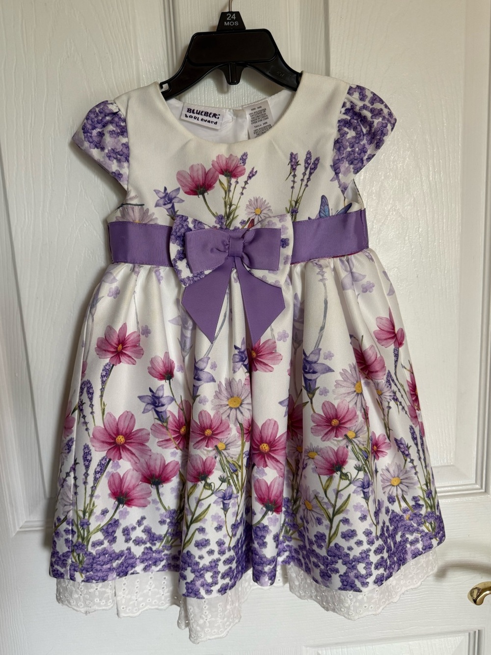 Blueberi Boulevard White Floral Dress with Purple Sash
